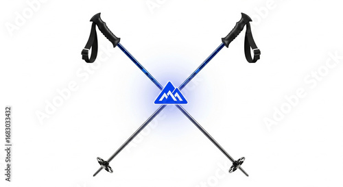 Two crossed ski poles with black handles and straps against a white background with mountain logo
