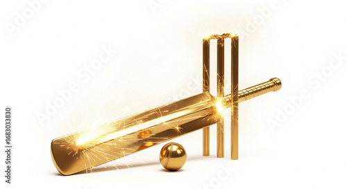 Golden cricket bat resting against wickets with a golden ball on a white background with sparkles