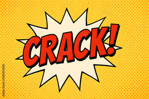 Comic style crack text explosion illustration, retro pop art speech bubble design with bold red typography on yellow halftone background, cartoon sound effect template, vintage comic book action expre