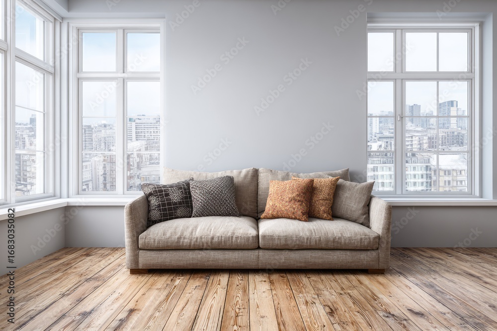 Fototapeta premium A light-filled modern living room features a light beige sofa with patterned throw pillows, situated in front of large windows showcasing a cityscape view.