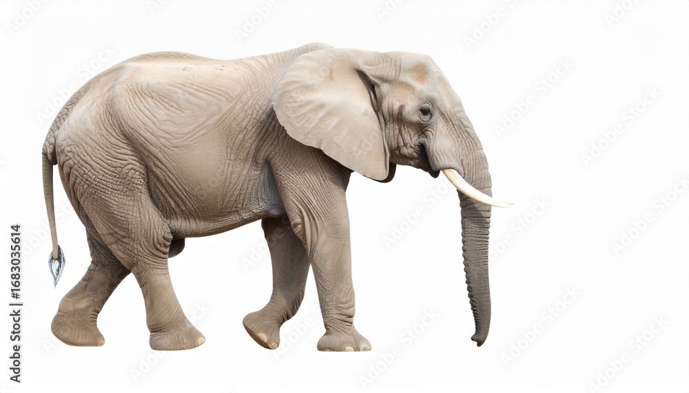 Obraz premium Majestic adult elephant standing on dry rocky terrain with ears spread and tusks visible against bright white sky for wildlife photography and nature themes