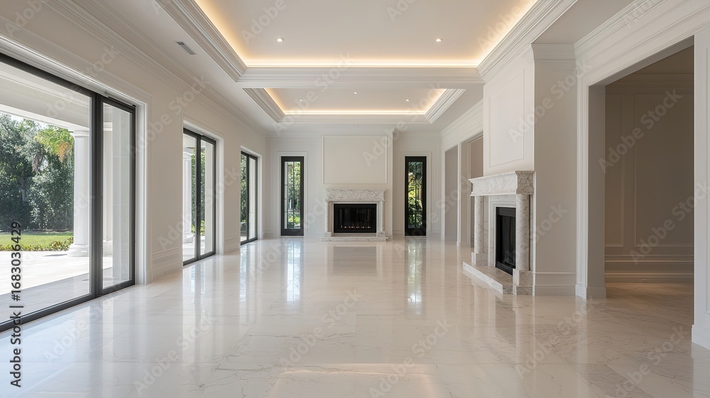 Fototapeta premium A spacious, modern interior featuring marble floors, large windows, and elegant architectural details, creating a bright and airy atmosphere.