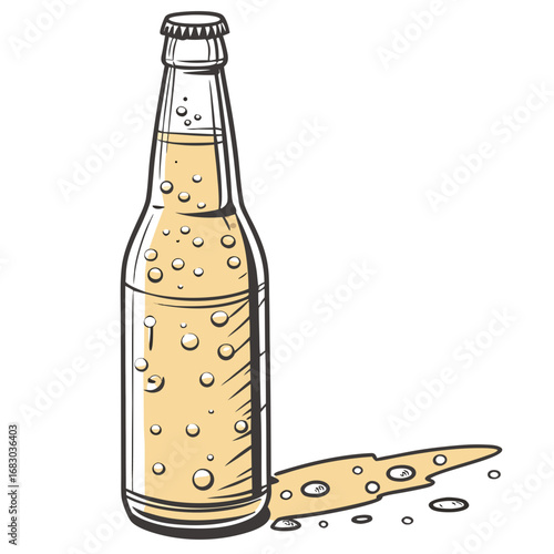 A refreshing bottle of beer with bubbles and a small spill on a white background