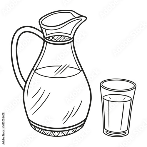 A simple black and white illustration of a glass pitcher filled with liquid next to a glass of water