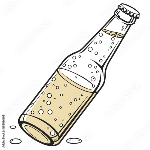 Hand drawn illustration of a clear glass bottle filled with bubbly golden liquid and a metal cap