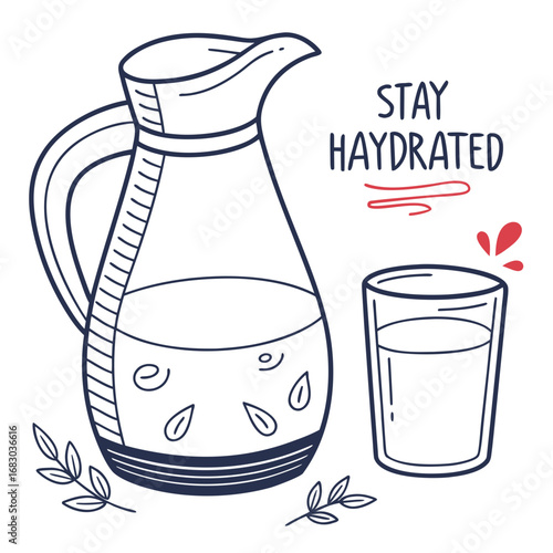 Hand drawn illustration of a pitcher and glass of water with the words stay hydrated