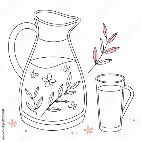 Hand drawn illustration of a pitcher filled with water and flowers next to a glass and a sprig