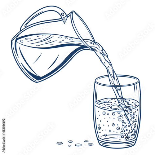 Hand drawn illustration of clear liquid being poured from a pitcher into a glass with bubbles