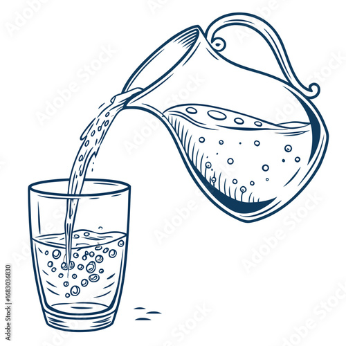 Hand drawn illustration of water being poured from a glass pitcher into a clear glass with bubbles