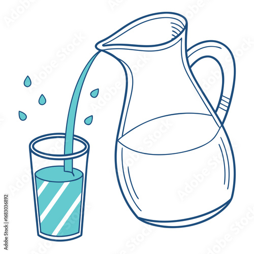 Hand drawn illustration of water being poured from a pitcher into a glass with drops splashing