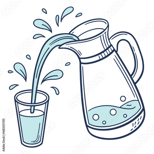 Refreshing clear water being poured from a glass pitcher into a drinking glass with splashes