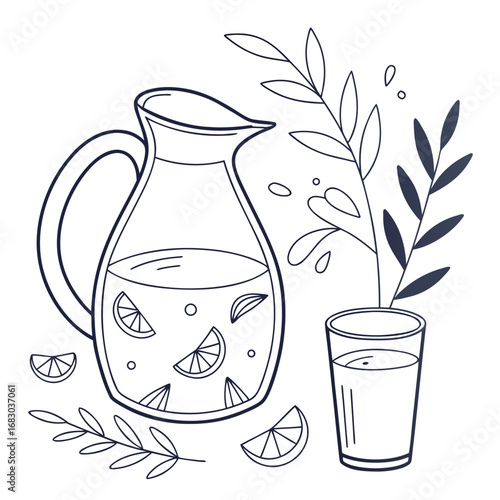 Refreshing pitcher of lemonade with lemon slices and a glass of drink surrounded by botanical elements
