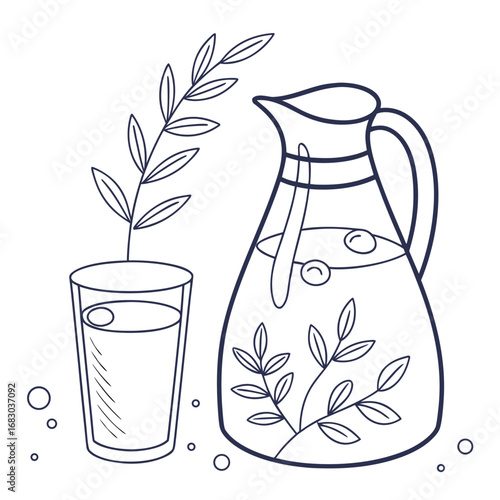 Simple line art illustration of a glass of water and a pitcher of lemonade with mint leaves