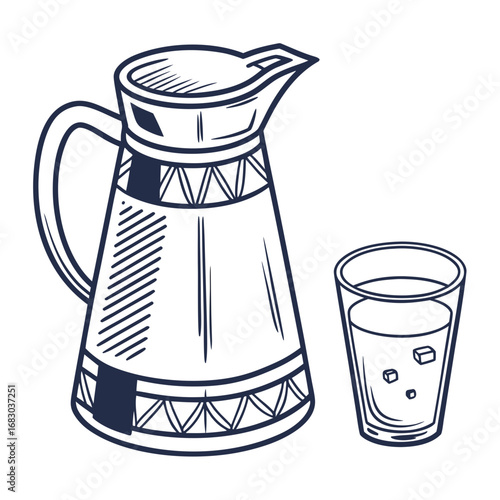 Stylized illustration of a pitcher with a decorative band and a glass of water with ice cubes