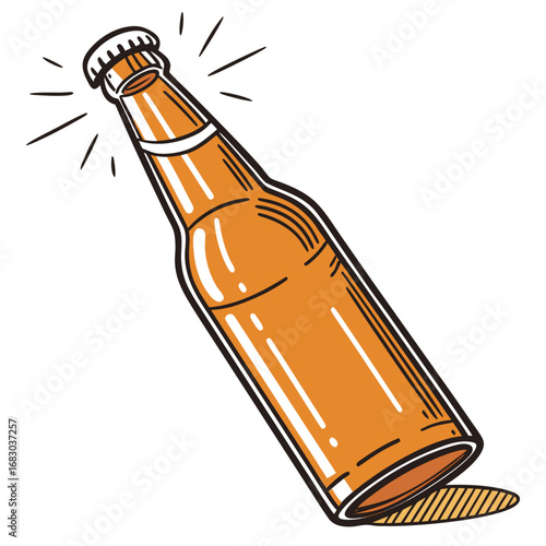 Stylized illustration of a refreshing orange beverage bottle with an open cap and radiating lines