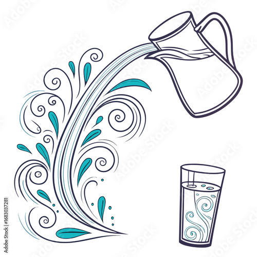 Stylized illustration of water pouring from a pitcher into a decorative glass with swirling patterns