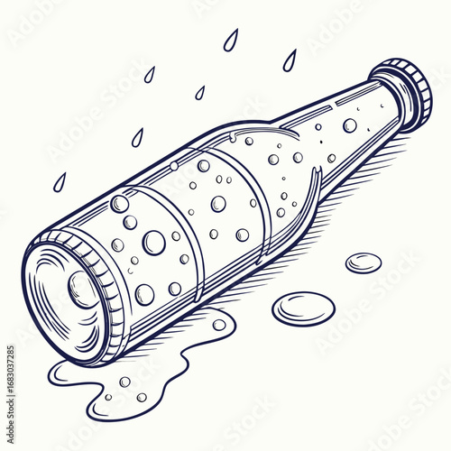Stylized line art illustration of a bubbly beverage bottle with condensation and spilled liquid