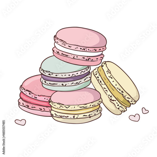 Pastel colored macarons stacked with hearts pink mint