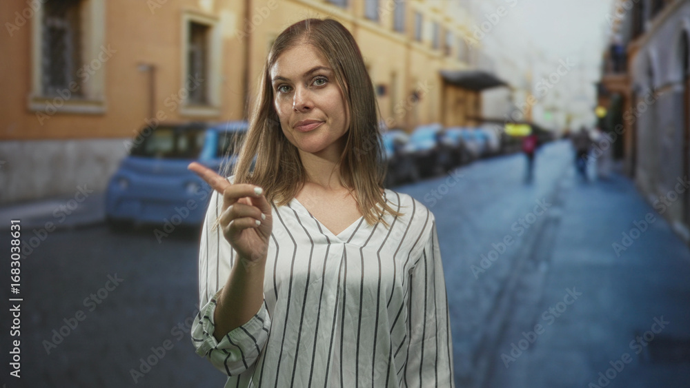 Fototapeta premium Young woman wearing a striped shirt rests hand on chin on street lined with parked cars and old buildings; contemplation.