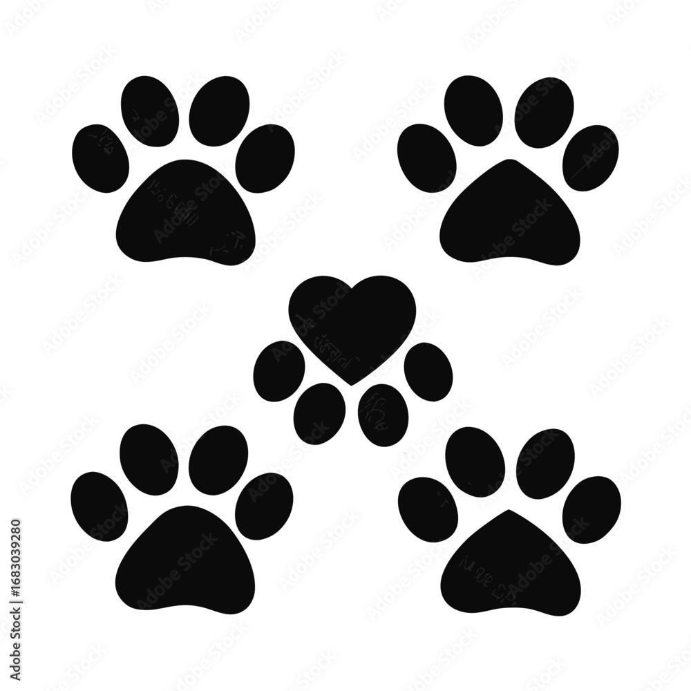 Fototapeta premium Black paw prints and heart shapes vector illustration animal