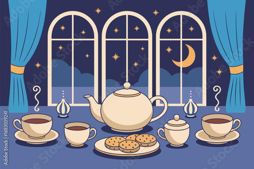 A nighttime tea party scene with teapot, cups, cookies, and a moonlit starry sky through windows