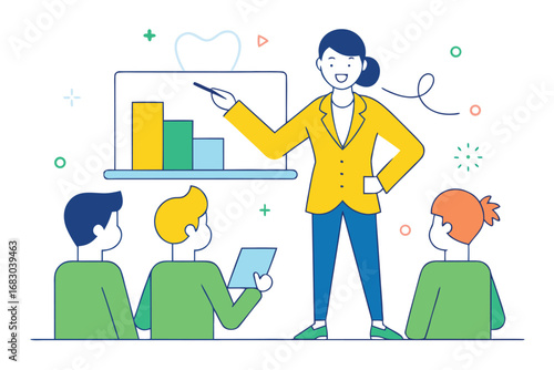 Business Presentation Woman with Pointer Explaining Chart to Audience, Dental and Data Elements Included