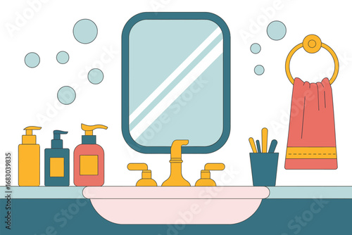 A cartoon bathroom scene featuring a sink mirror soap dispensers and a towel on a ring holder design