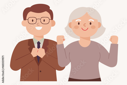 Cartoon Illustration Smiling Man in Suit and WhiteHaired Woman with Fists Up