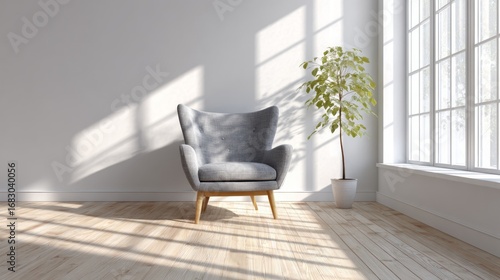 A modern, minimalist interior scene displays a light-filled room with a cozy grey armchair and a small plant.