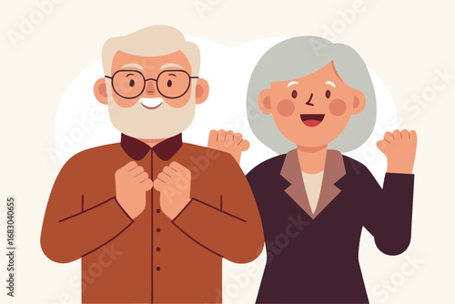 Cheerful Senior Couple Celebrating Victory With Raised Fists, Modern Cartoon Style Illustration