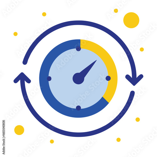 Circular Arrow Around Blue and Yellow Clock Face with Hands Indicating Time and Progress