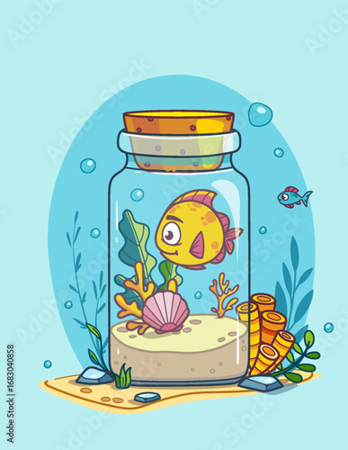 Colorful Oceanarium Scene with Goldfish in a Jar