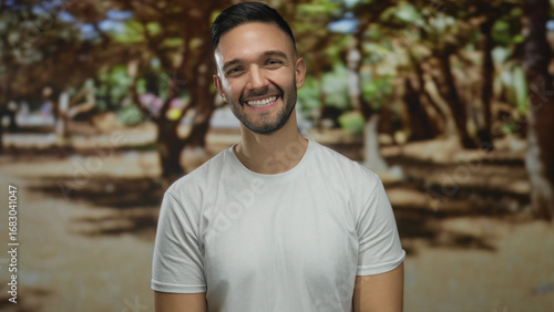 Young hispanic man smiling and making a playful gesture with fingers on head in a sunny park surrounded by lush green trees outdoors during a bright day