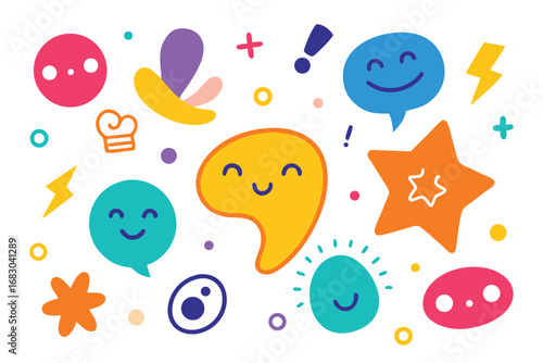 Colorful Cartoon Doodle with Smiling Faces, Lightning Bolts, Star, and Abstract Shapes