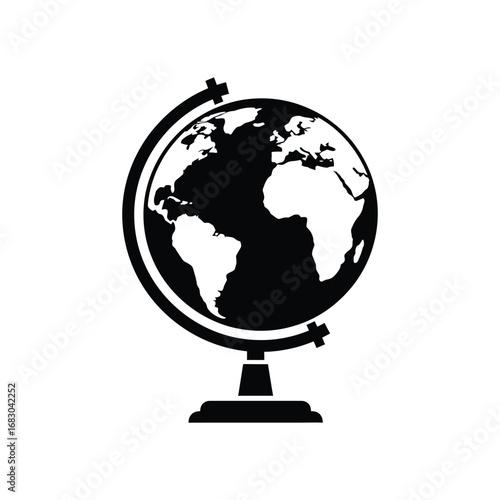 A simple black silhouette icon of a world globe on a stand, representing global concepts, geography, and travel. Vector illustration isolated on a white background