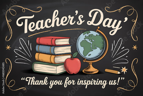 Celebrate inspiring educators this Teacher's Day with a vibrant chalkboard design featuring books, a globe, an apple, and a heartfelt thank you message