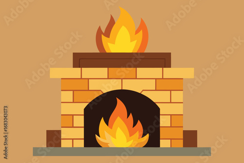 Cozy Brick Fireplace Cartoon Illustration with Crackling Flames on a Brown Background