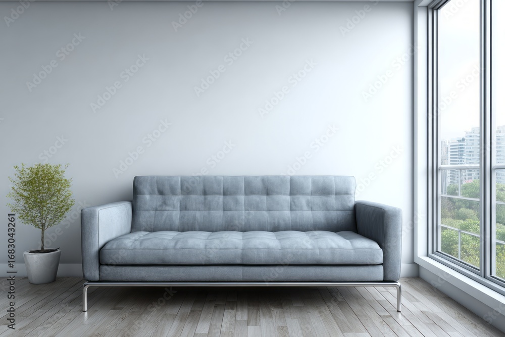 Fototapeta premium A light gray couch sits in a modern room with large windows, showcasing a serene and minimalist interior design.