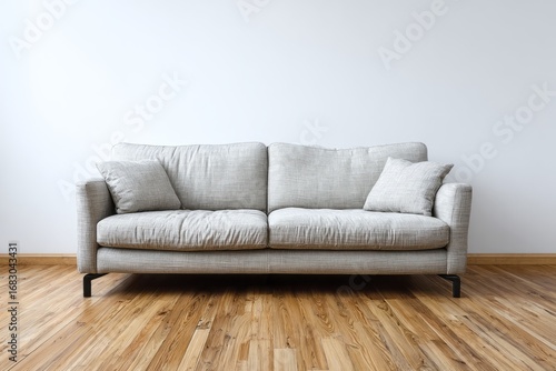 A light gray sofa sits against a plain white wall in a room with a wooden floor.