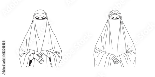 Islamic niqab woman drawing with traditional abaya and modest muslim clothing design
