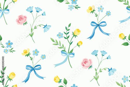 Floral Seamless Pattern with Blue Ribbons, Roses, and ForgetMeNots on White Background