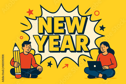 rkshop banner flat vector illustration bold oversized text inside comic burst cartoon characters sitting with pencils and laptops bright solid colors high contrast stars and abstract icons.