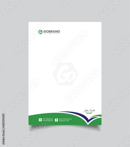 Clean white letterhead with green and blue abstract wavy design at the bottom