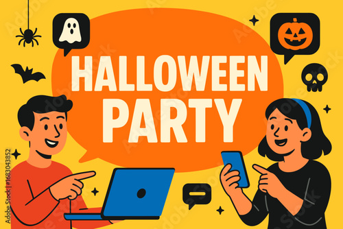 g banner flat vector illustration bold oversized text inside rounded blob cartoon characters pointing at laptops and smartphones bright solid colors high contrast abstract icons and chat.