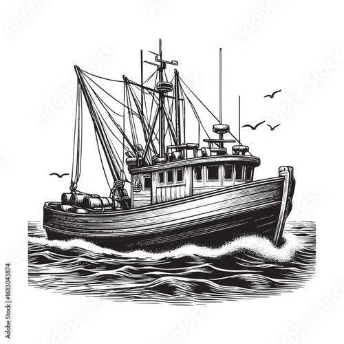 fishing boat in Black and White Illustration