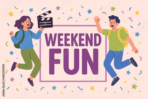 Weekend Fun banner flat vector illustration bold oversized text inside rectangular frame cartoon characters jumping with clapper board and backpacks pastel trendy palette with #B565A7.