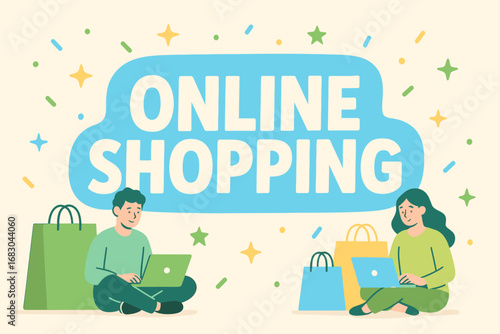 Online Shopping banner flat vector illustration bold oversized text inside outline cartoon characters sitting with laptops and shopping bags pastel trendy palette with #7BC8F6 #2E8B57.