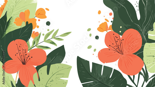 Vibrant tropical floral design with orange flowers and lush green leaves