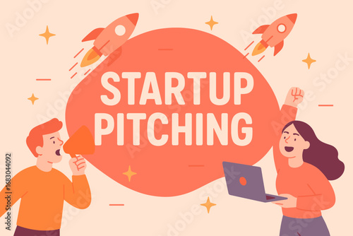 Startup Pitching banner flat vector illustration bold oversized text inside rounded blob cartoon characters shouting with rockets and laptops pastel trendy palette with #F7786B #FF4500.