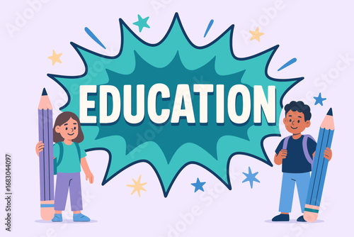 Education banner flat vector illustration bold oversized text inside splash explosion cartoon characters standing with pencils and backpacks pastel trendy palette with #45B8AC #D8BFD8.